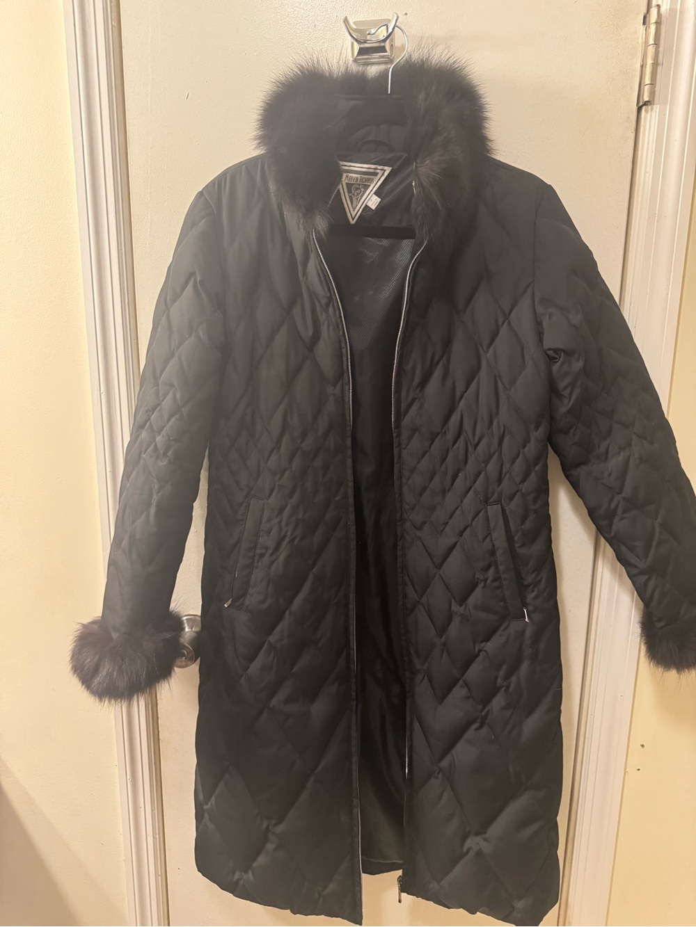 Marvin Richards Black Quilted Long Puffer Coat with Fur Trim